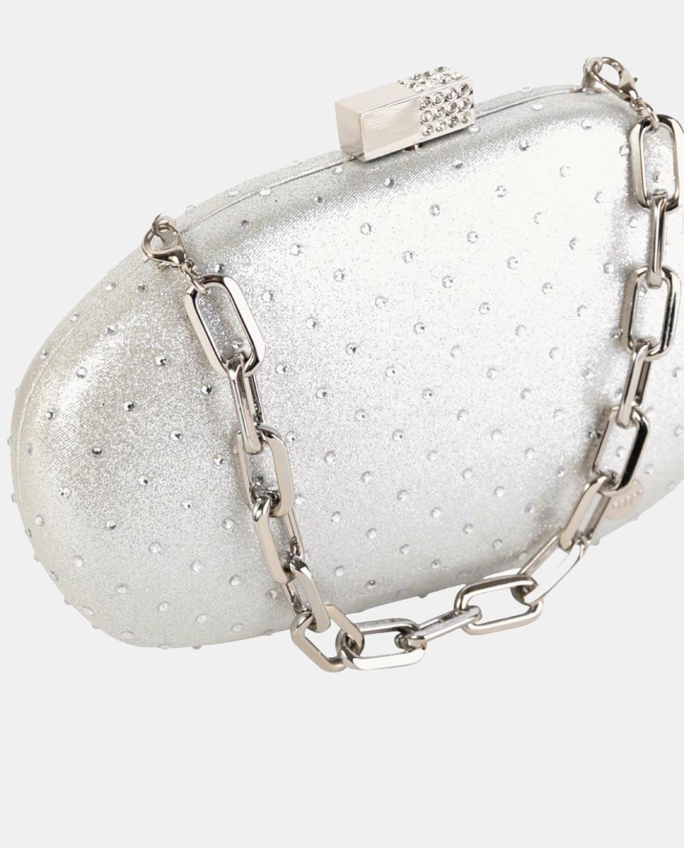 Mala Clutch Rígida Acetinada com Detalhes de Strass, Fecho de Joia e Corrente de Elos Prata-3
