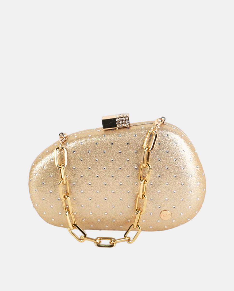 Imagem 0 de Mala Clutch Rígida Acetinada com Detalhes de Strass, Fecho de Joia e Corrente de Elos