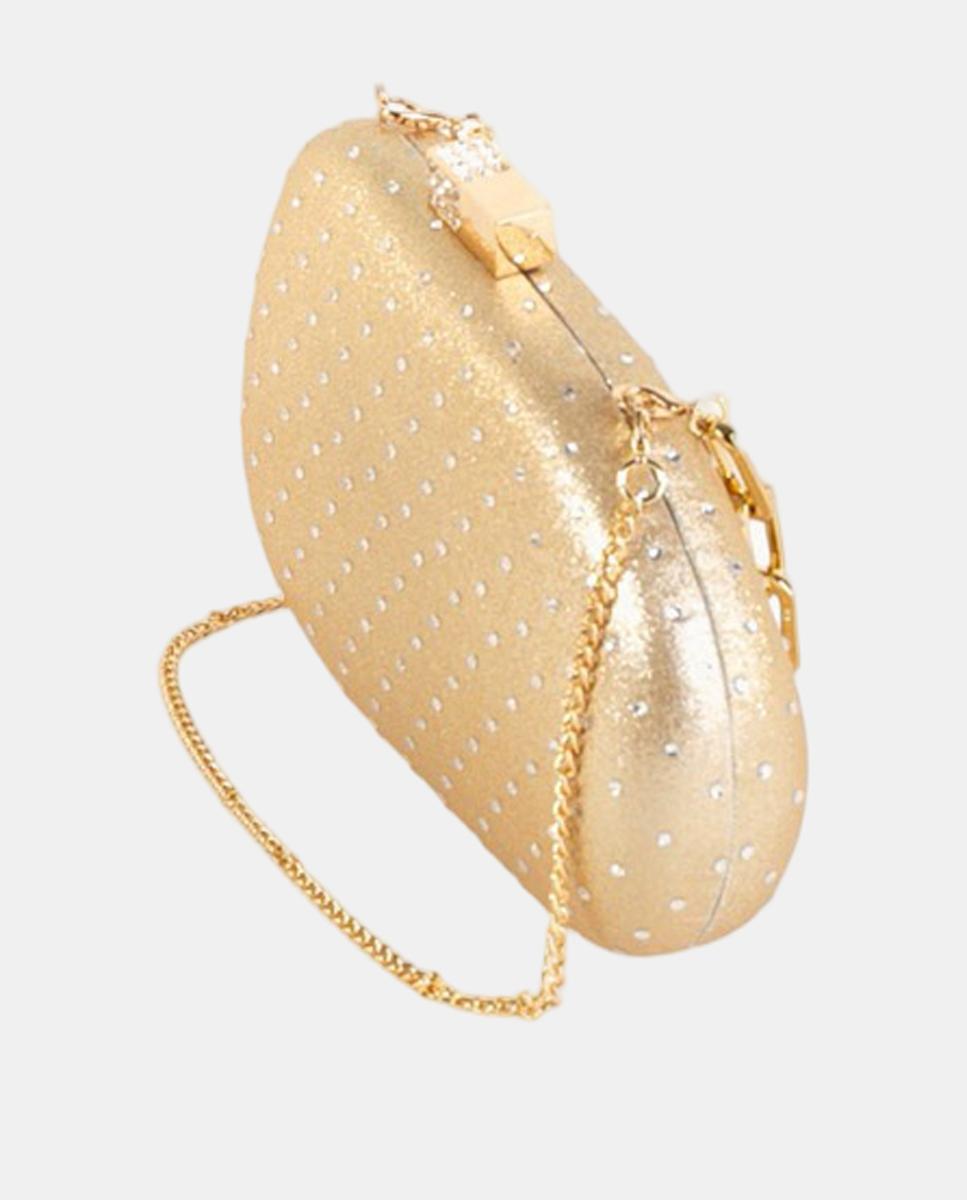 Mala Clutch Rígida Acetinada com Detalhes de Strass, Fecho de Joia e Corrente de Elos Ouro-2