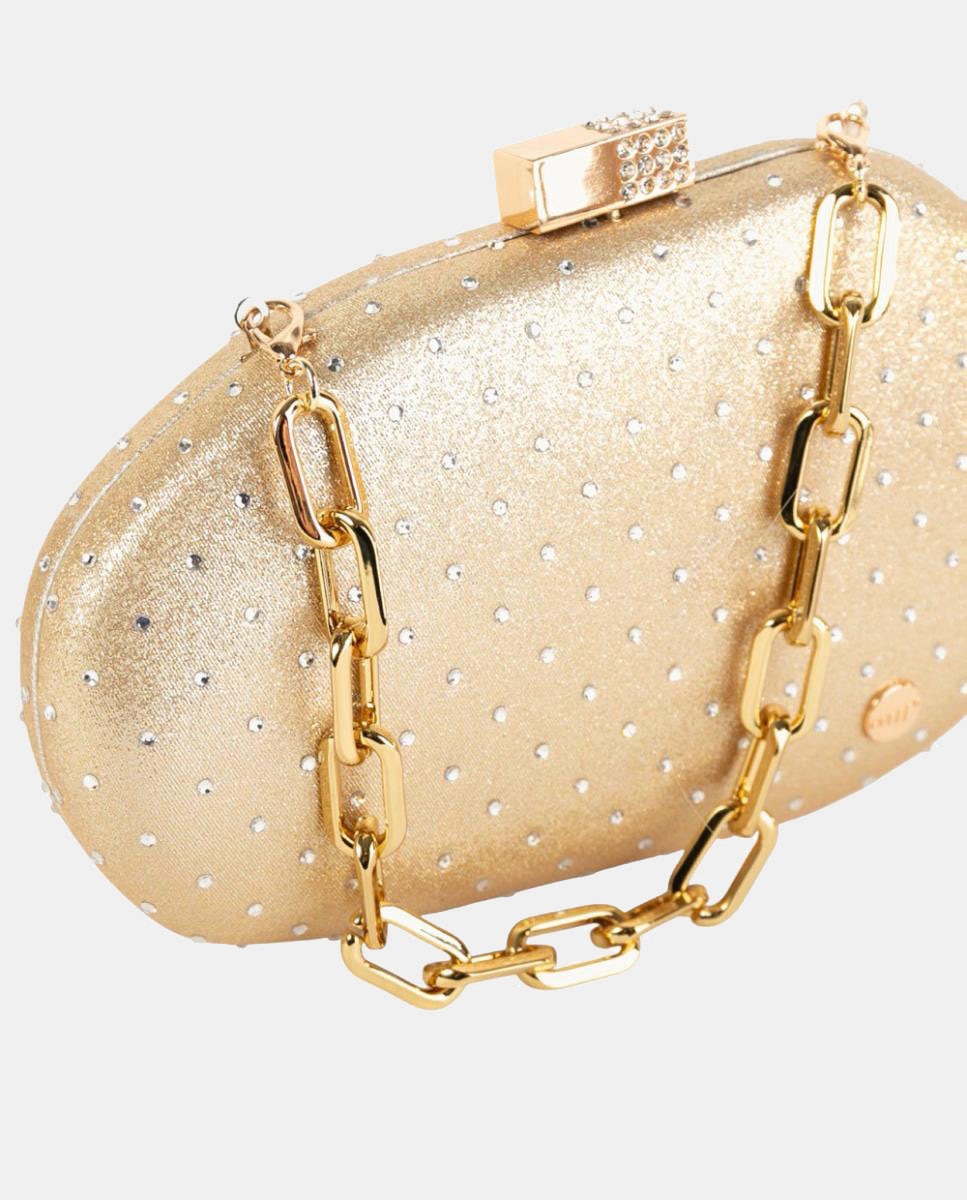 Mala Clutch Rígida Acetinada com Detalhes de Strass, Fecho de Joia e Corrente de Elos Ouro-3