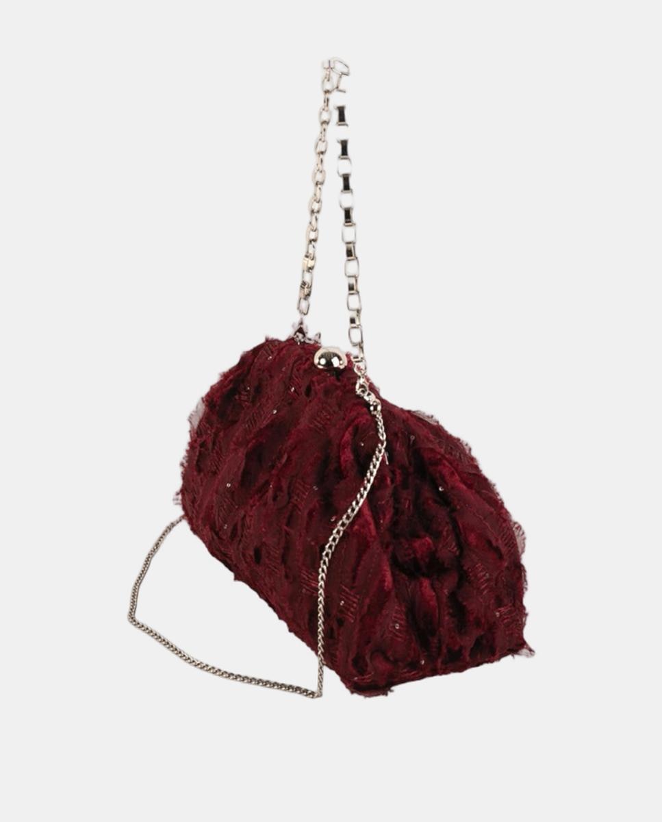 Mala Clutch de Festa em Tecido de Fantasia com Fecho de Joia e Corrente Metálica Grená-2