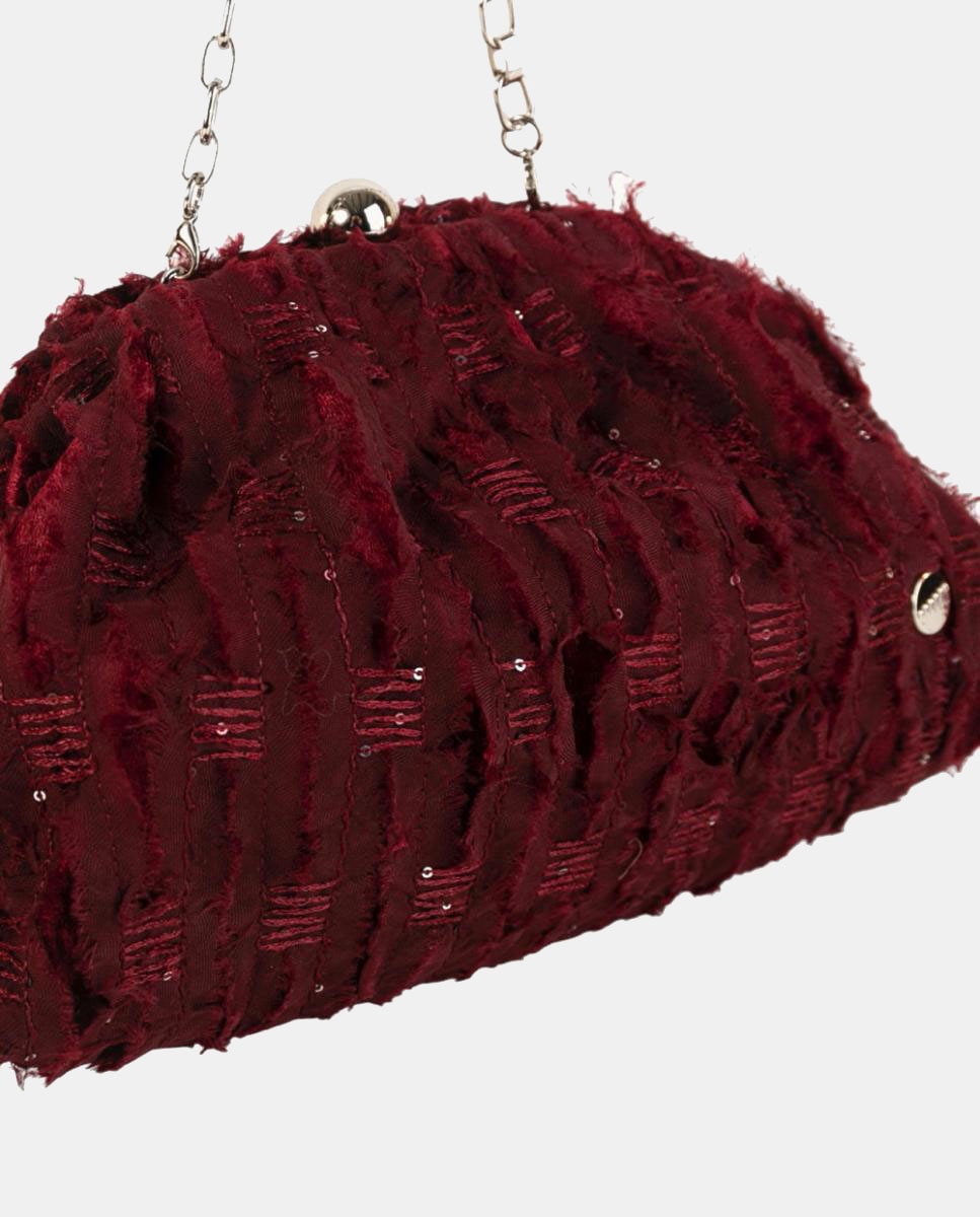 Mala Clutch de Festa em Tecido de Fantasia com Fecho de Joia e Corrente Metálica Grená-3