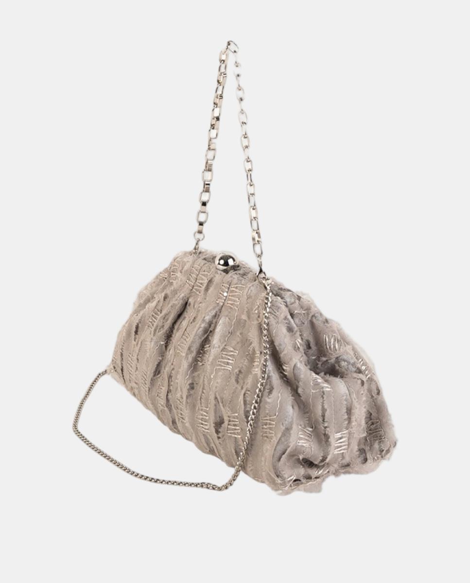 Mala Clutch de Festa em Tecido de Fantasia com Fecho de Joia e Corrente Metálica Cinzento-claro-2