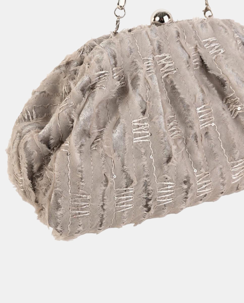 Mala Clutch de Festa em Tecido de Fantasia com Fecho de Joia e Corrente Metálica Cinzento-claro-3