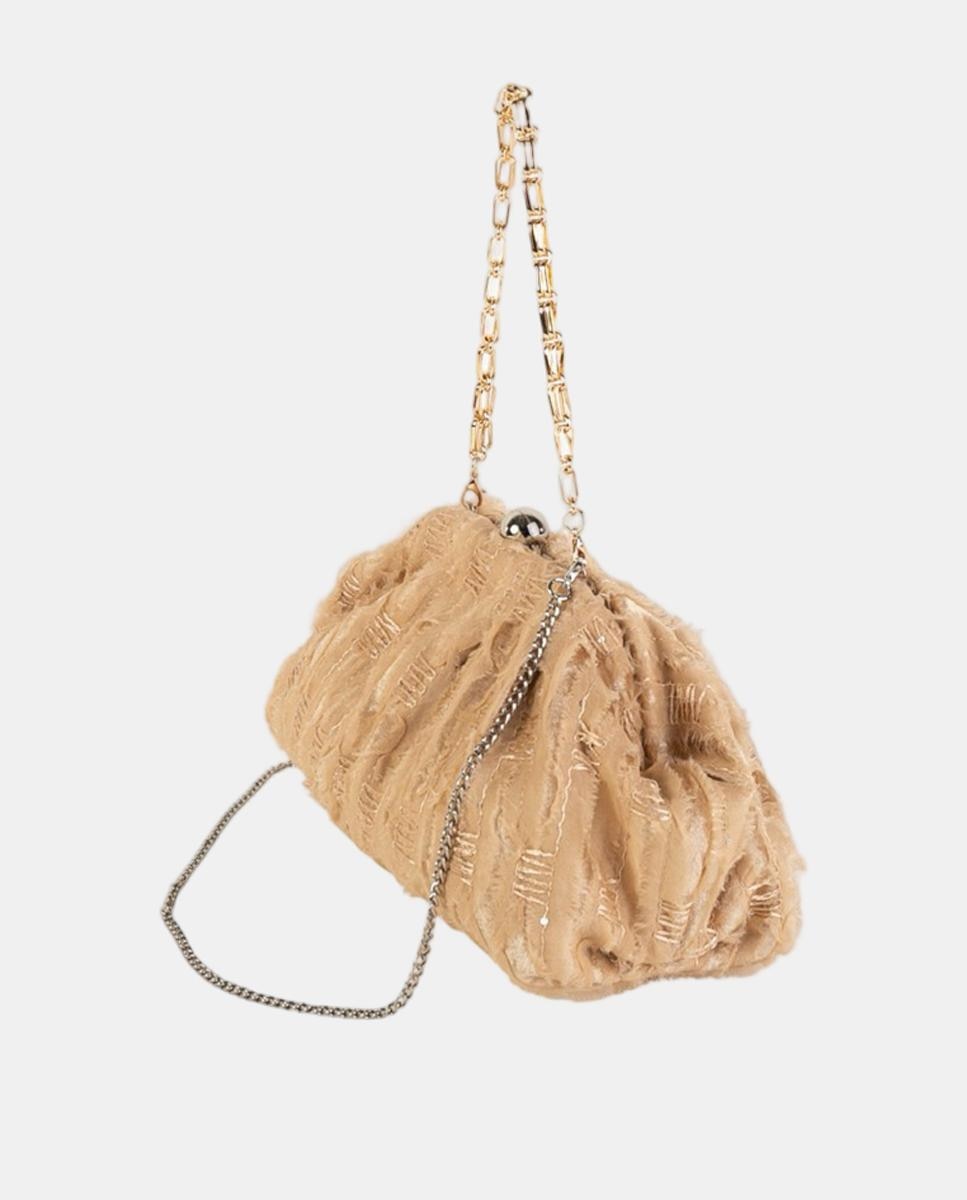 Mala Clutch de Festa em Tecido de Fantasia com Fecho de Joia e Corrente Metálica Camel-2