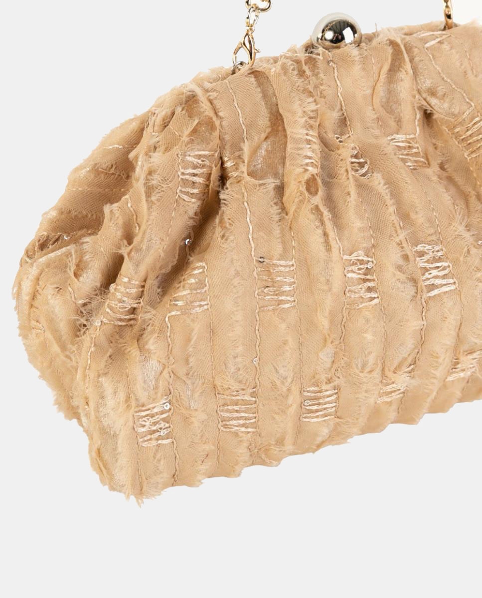 Mala Clutch de Festa em Tecido de Fantasia com Fecho de Joia e Corrente Metálica Camel-3