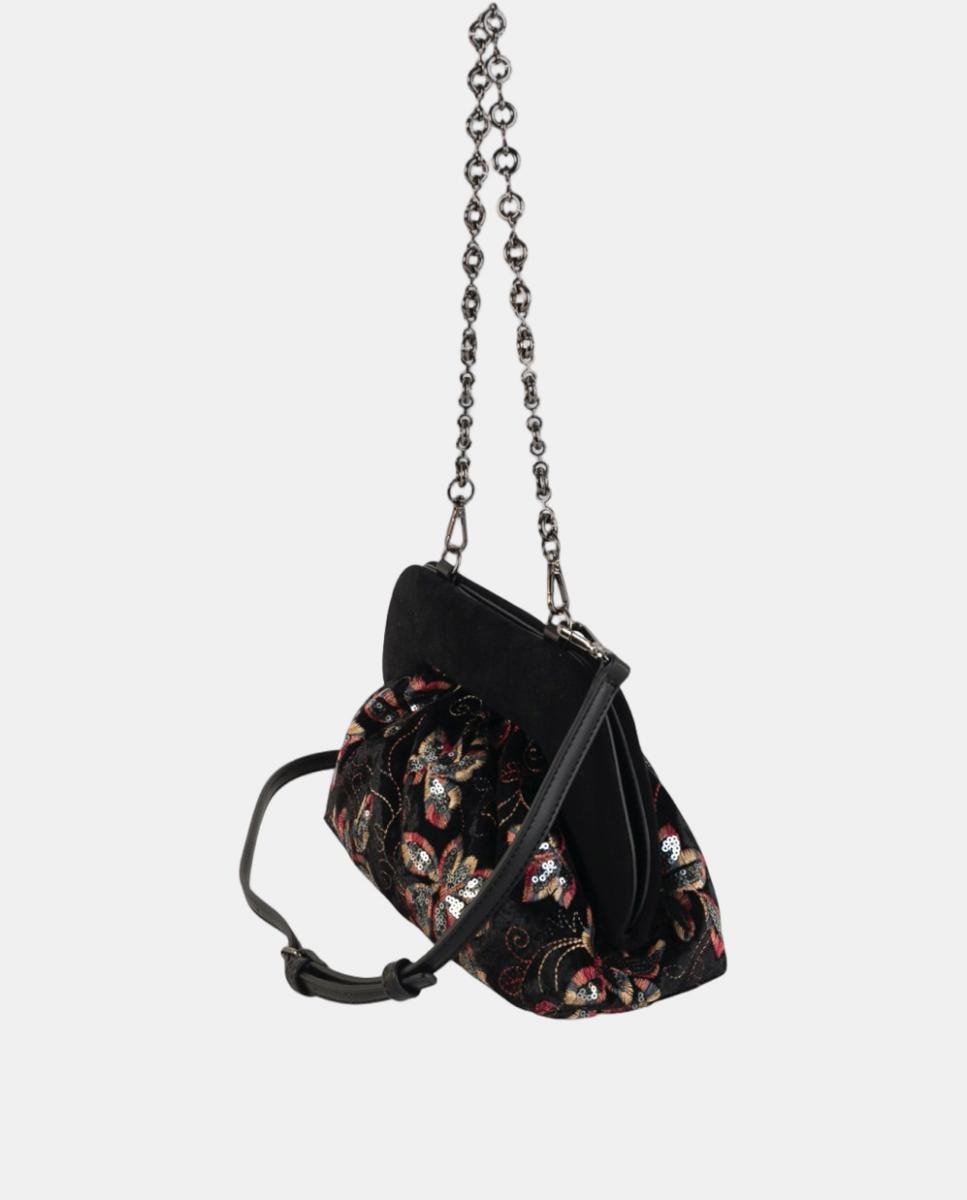 Mala Clutch de Festa em Veludo Bordado com Lantejoulas e Corrente Metálica Preto-2