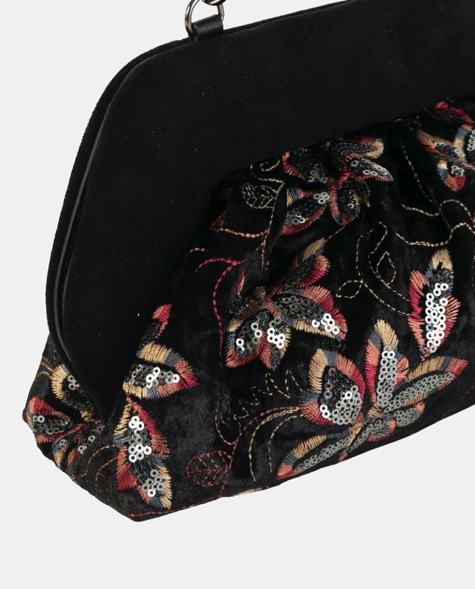Mala Clutch de Festa em Veludo Bordado com Lantejoulas e Corrente Metálica Preto-3
