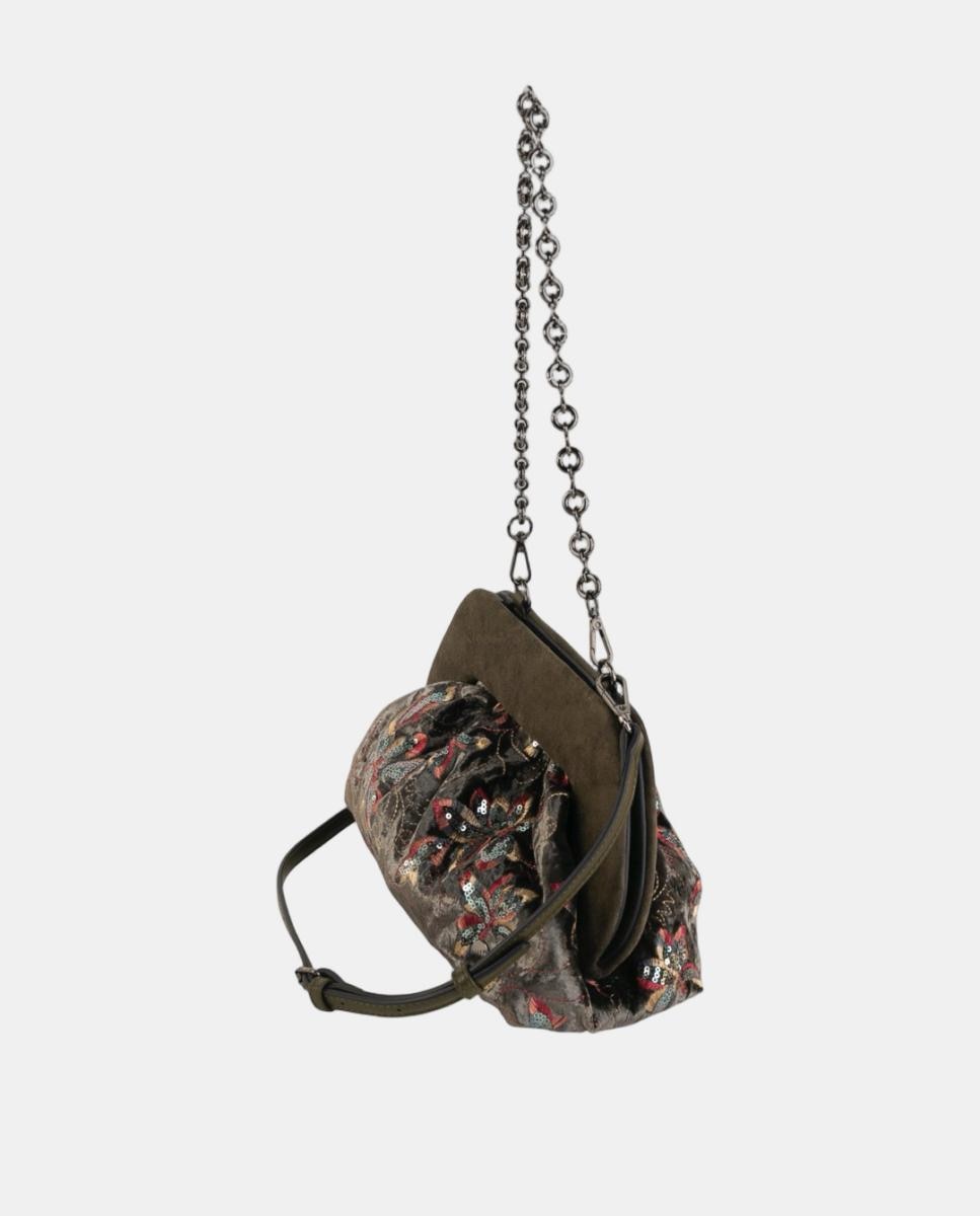 Mala Clutch de Festa em Veludo Bordado com Lantejoulas e Corrente Metálica Verde-militar-2