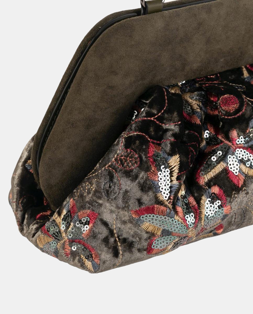 Mala Clutch de Festa em Veludo Bordado com Lantejoulas e Corrente Metálica Verde-militar-3
