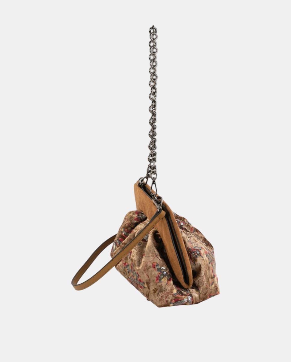 Mala Clutch de Festa em Veludo Bordado com Lantejoulas e Corrente Metálica Camel-2