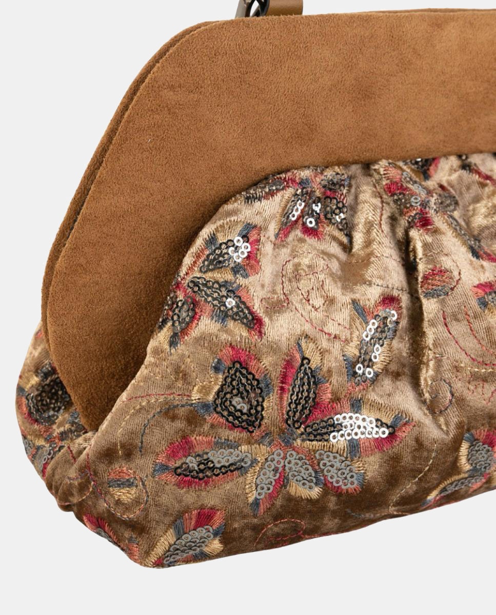 Mala Clutch de Festa em Veludo Bordado com Lantejoulas e Corrente Metálica Camel-3