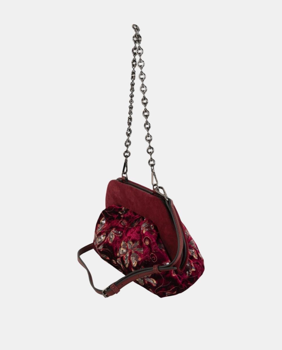 Mala Clutch de Festa em Veludo Bordado com Lantejoulas e Corrente Metálica Grená-2