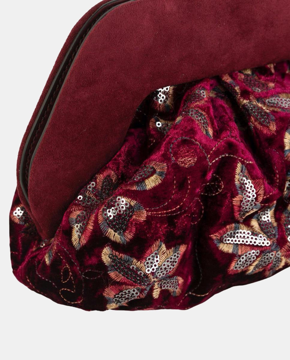 Mala Clutch de Festa em Veludo Bordado com Lantejoulas e Corrente Metálica Grená-3