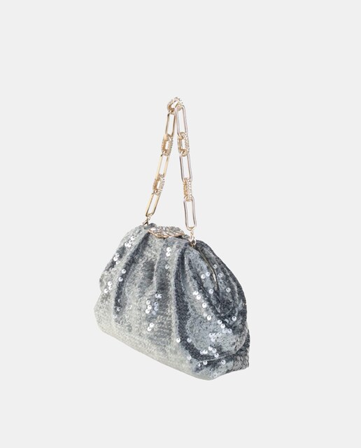 Clutch de terciopelo gris cubierto de lentejuelas  con asa y tabatier  de fantasia