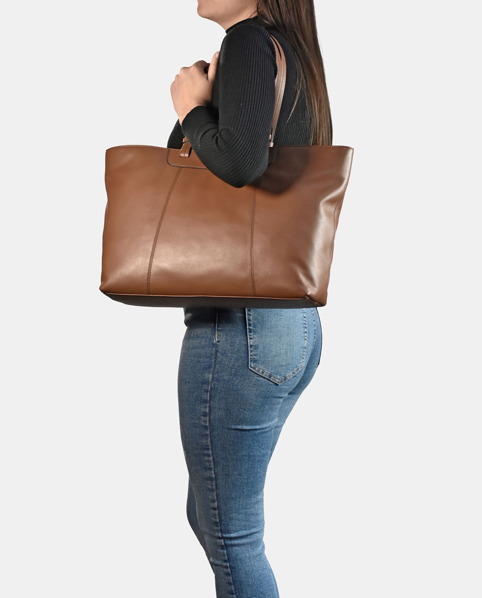 Mala Shopper em Pele - Preto Castanho-claro-2