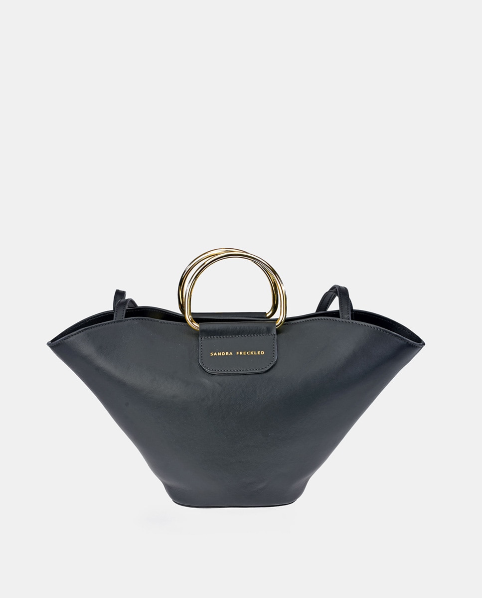 Mala Crossbody com Alças de Mão Metálicas em Pele Preto-1