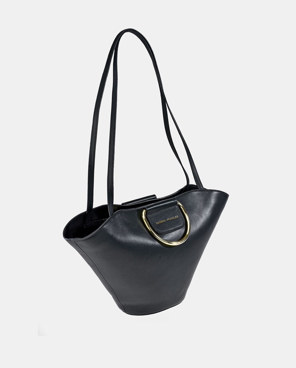Mala Crossbody com Alças de Mão Metálicas em Pele Preto-3