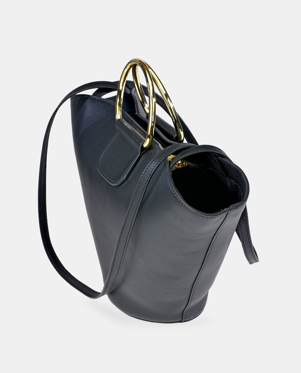 Mala Crossbody com Alças de Mão Metálicas em Pele Preto-4