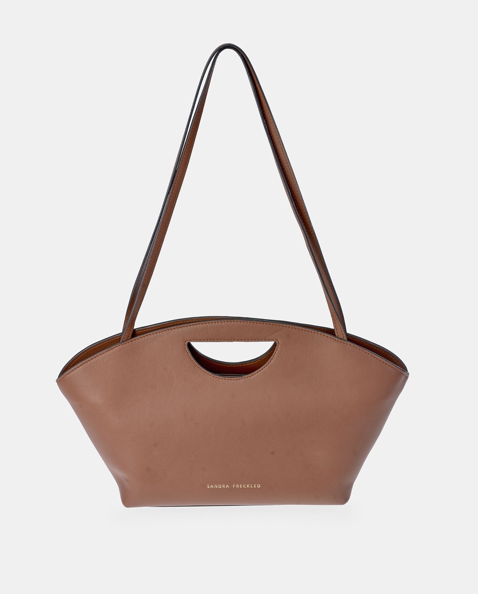 Mala Crossbody em Pele com Alças de Mão Castanho-claro-1