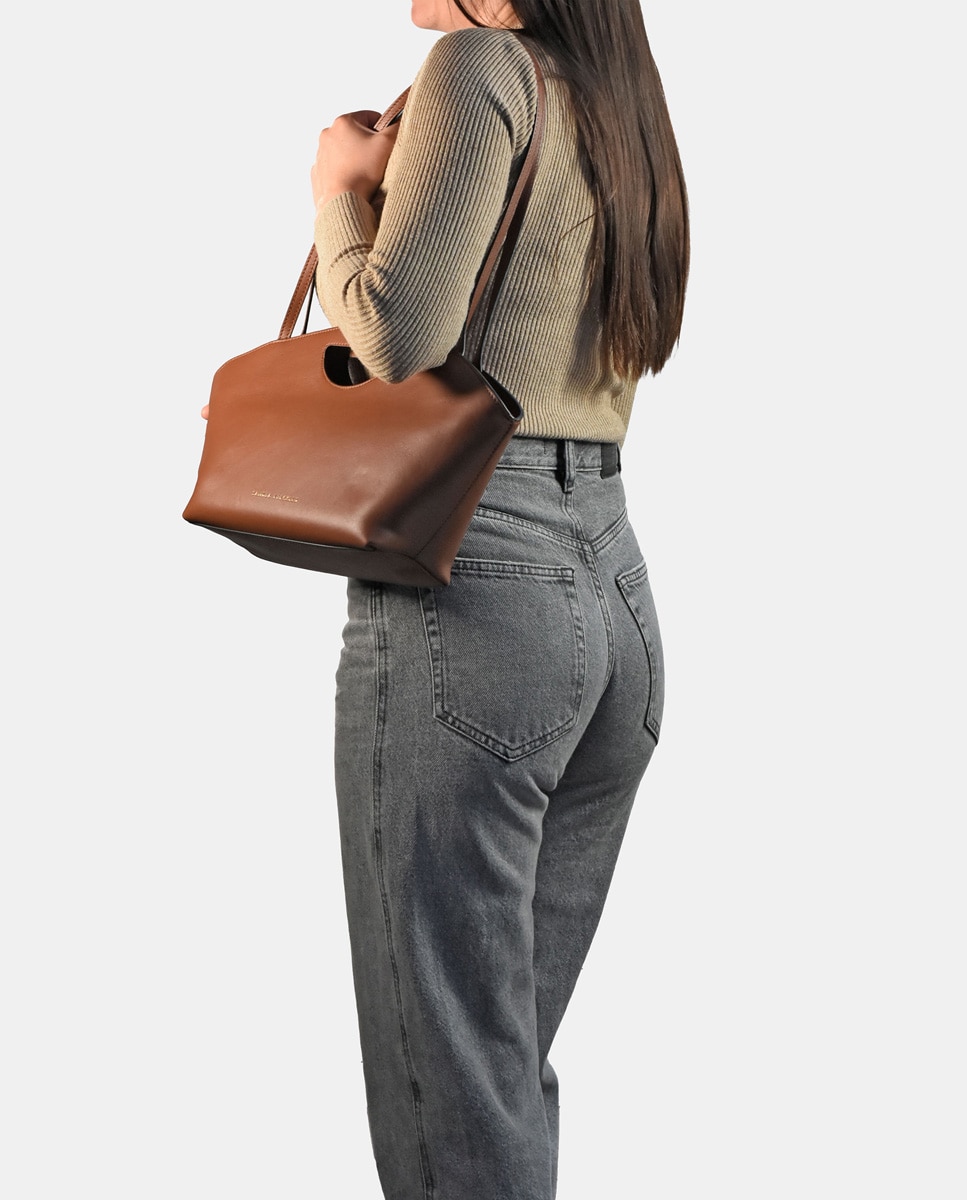 Mala Crossbody em Pele com Alças de Mão Castanho-claro-2