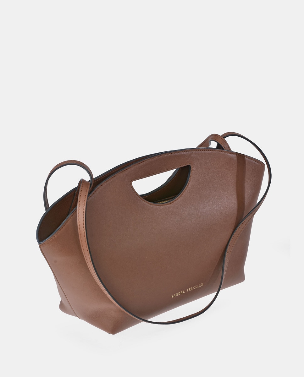 Mala Crossbody em Pele com Alças de Mão Castanho-claro-3