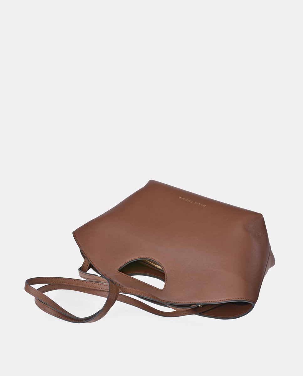 Mala Crossbody em Pele com Alças de Mão Castanho-claro-4