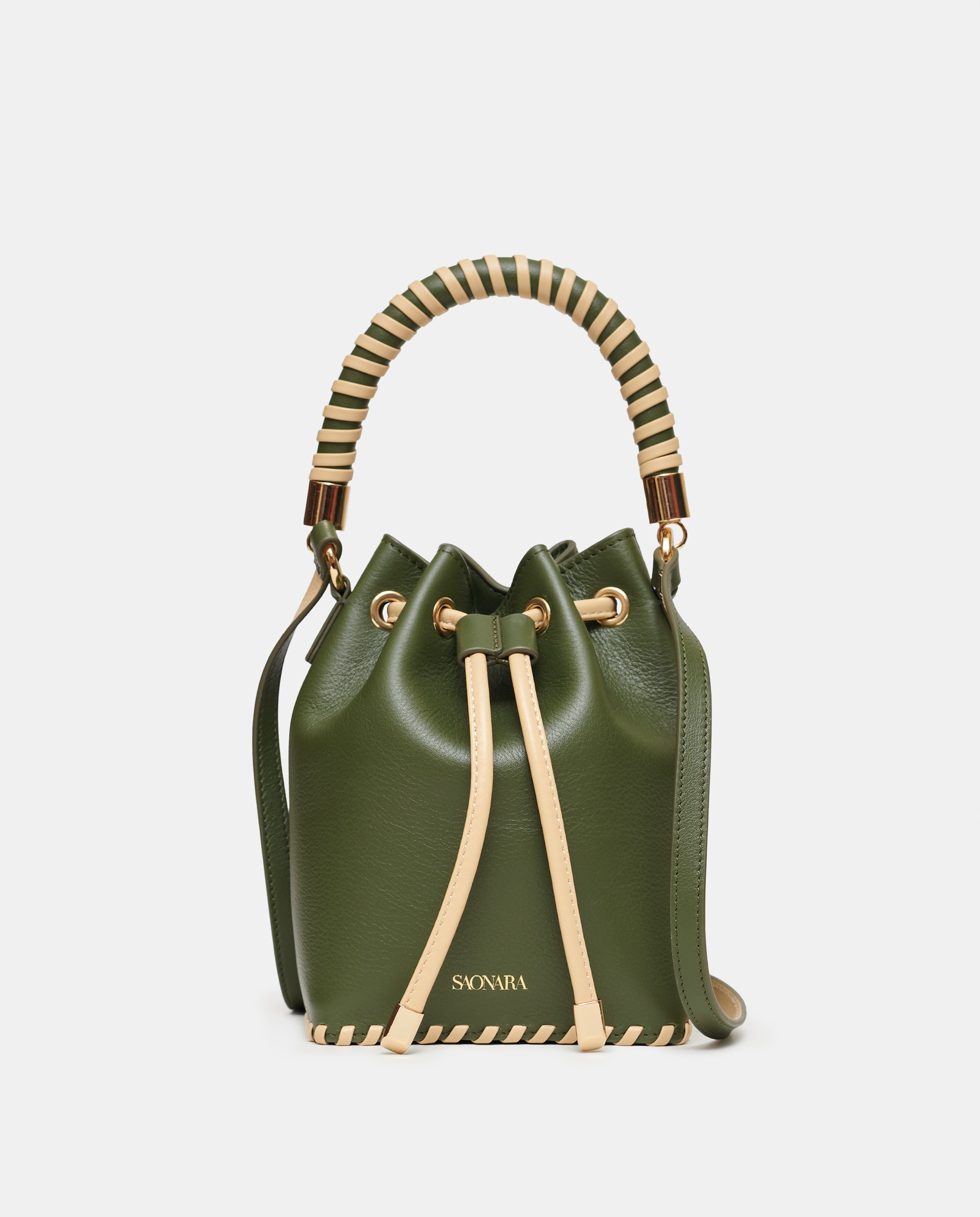 Mala Pequena Tipo Bucket em Pele com Alça de Tiracolo Verde-militar-1