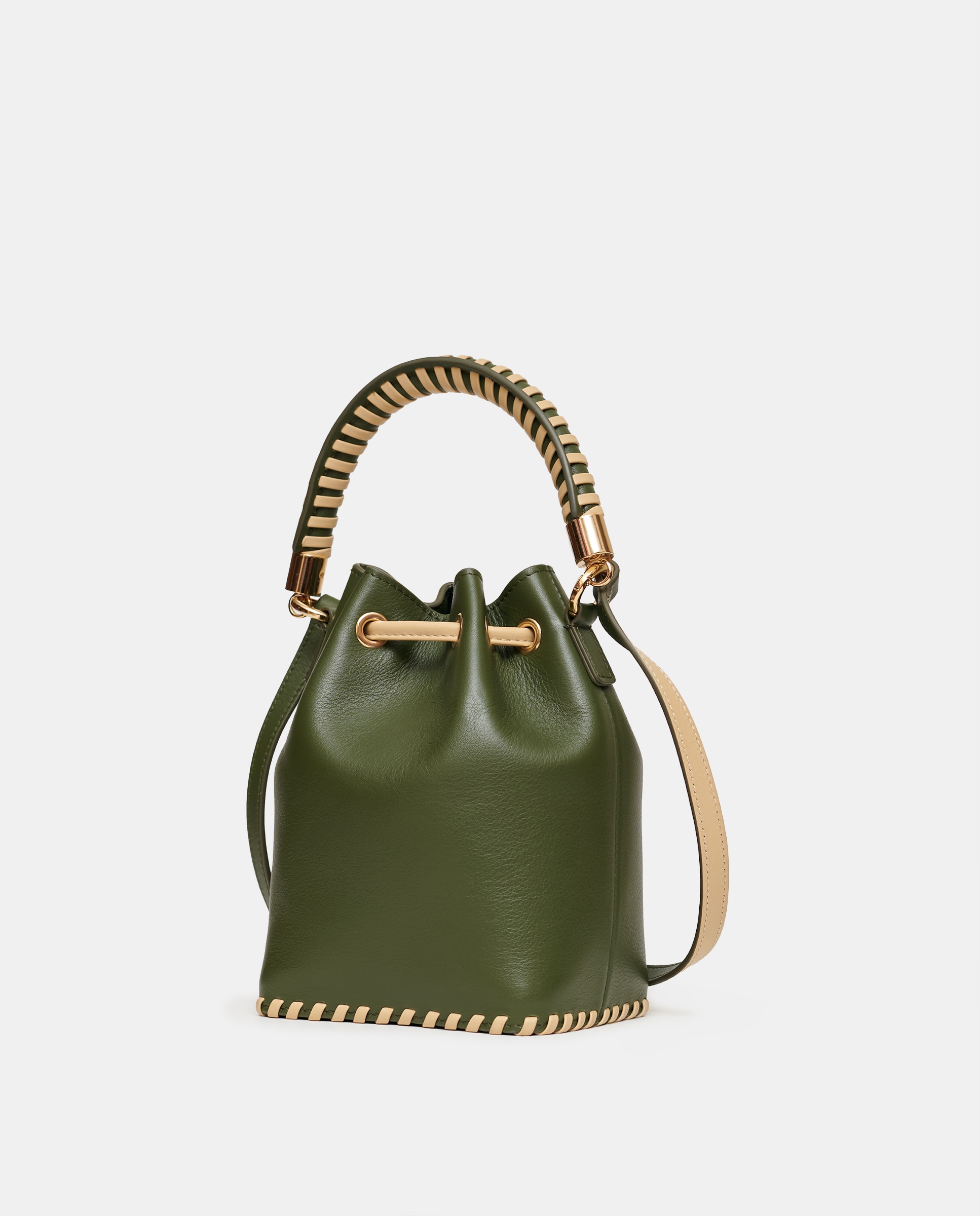 Mala Pequena Tipo Bucket em Pele com Alça de Tiracolo Verde-militar-2
