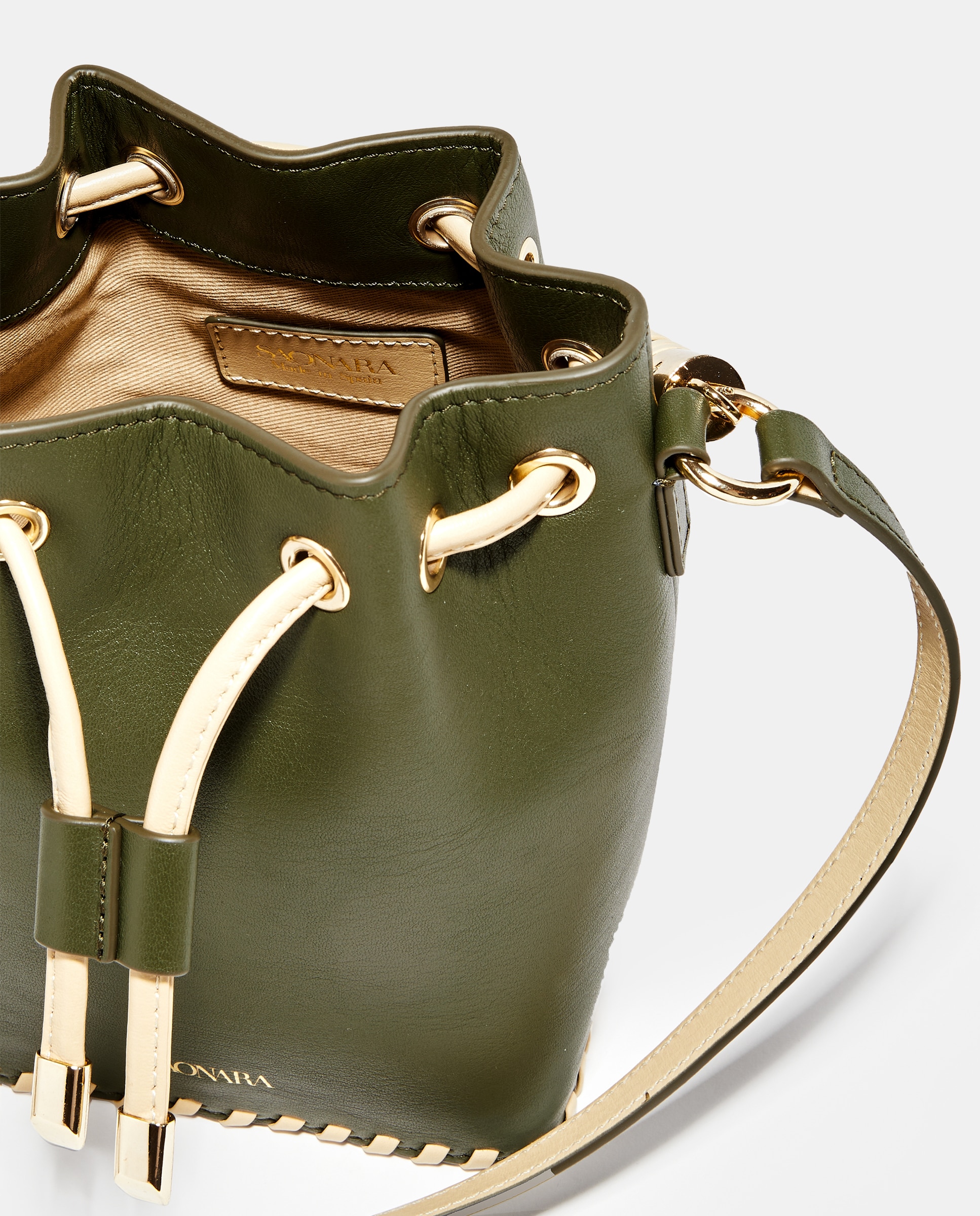 Mala Pequena Tipo Bucket em Pele com Alça de Tiracolo Verde-militar-3