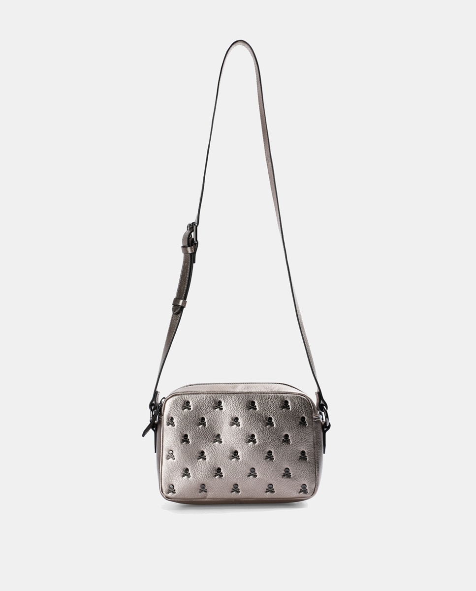 Mala de Ombro Pequena Skull Strap Bag - Preto Prata-2