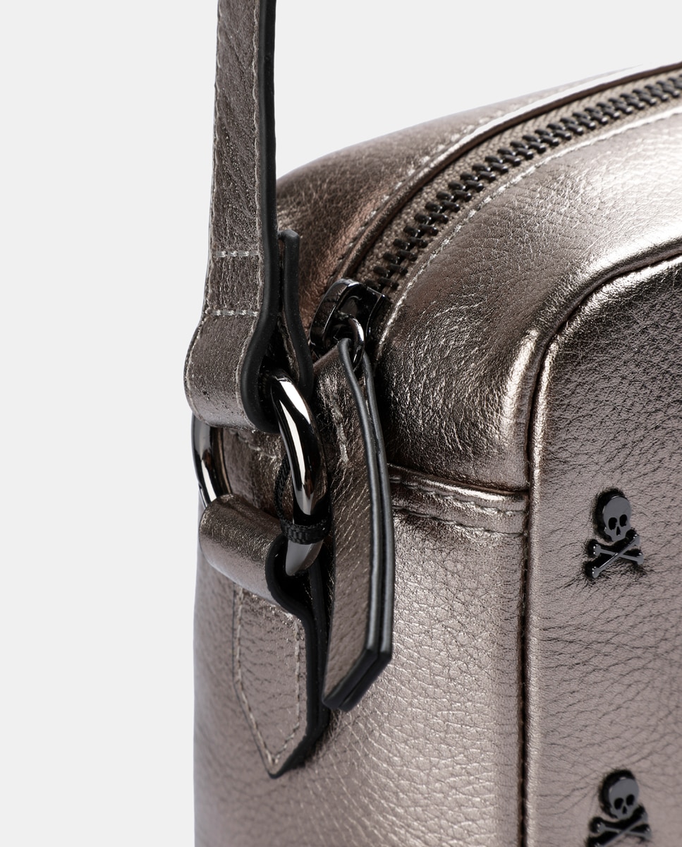 Mala de Ombro Pequena Skull Strap Bag - Preto Prata-5