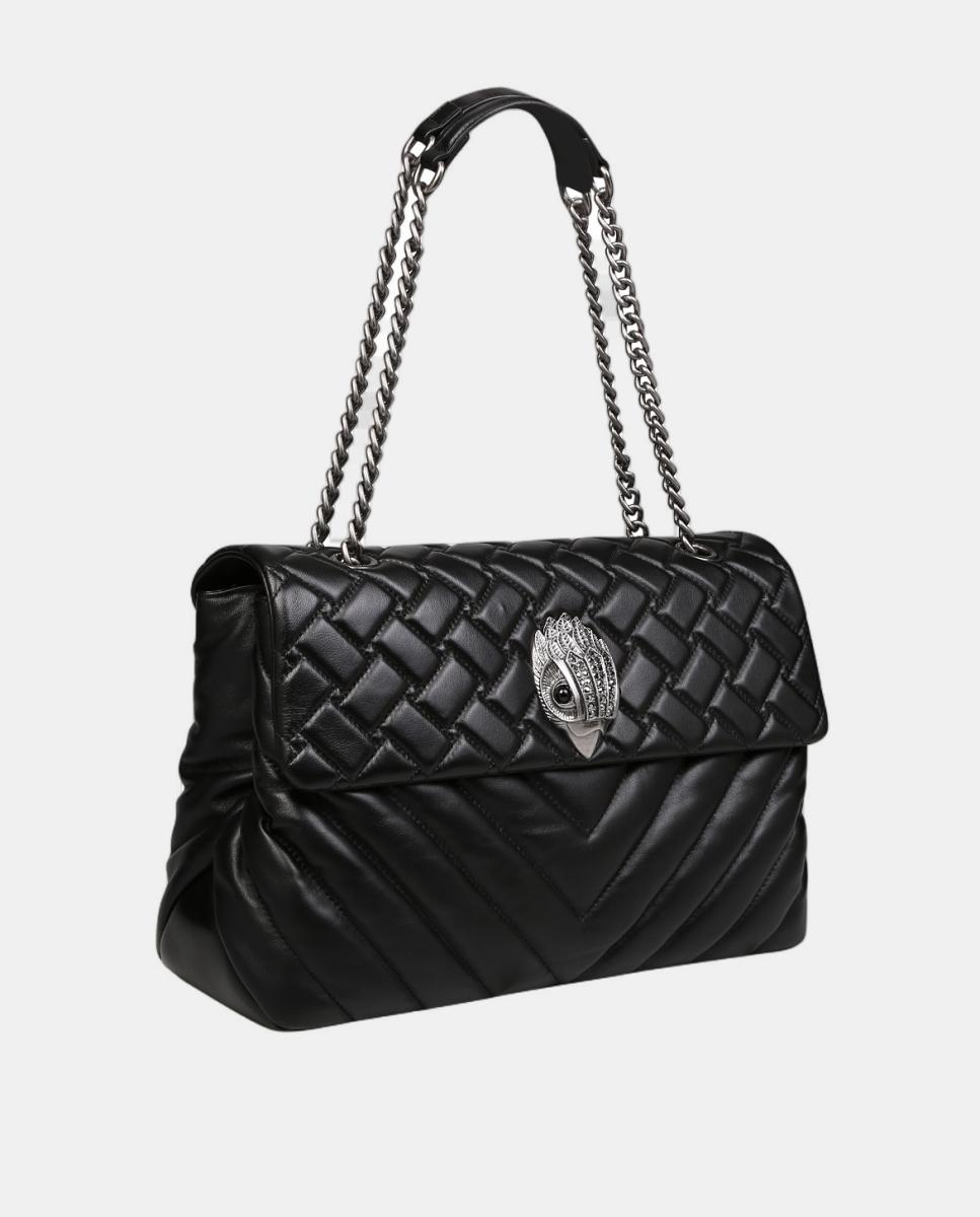 Mala a tiracolo grande Kensington em pele acolchoada preta com aba e corrente Preto-2