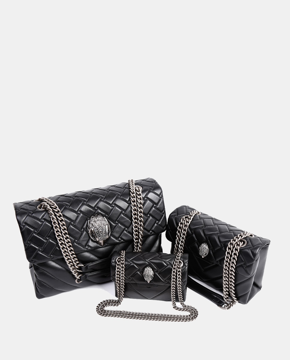 Mala a tiracolo grande Kensington em pele acolchoada preta com aba e corrente Preto-5