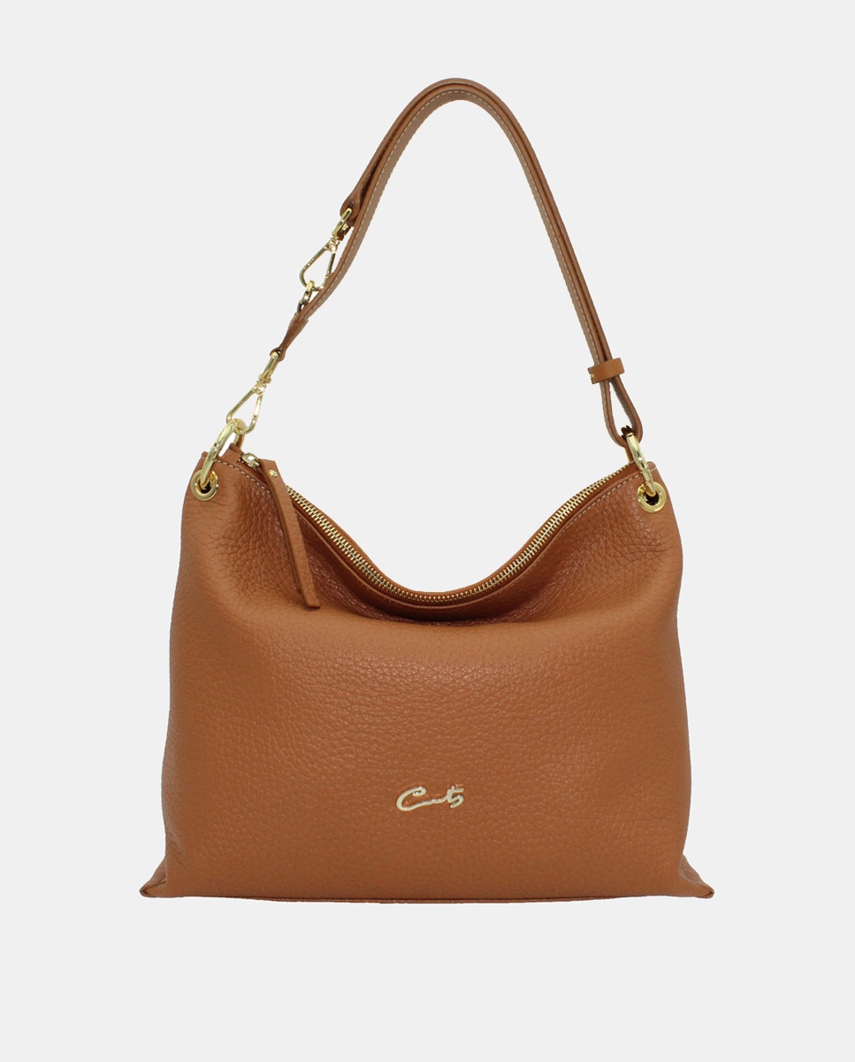Mala Hobo em Pele com Fecho de Correr Camel-1