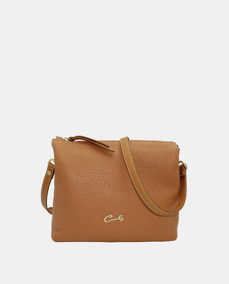 Mala Crossbody Emotion com Fecho de Correr e em Pele Camel-1