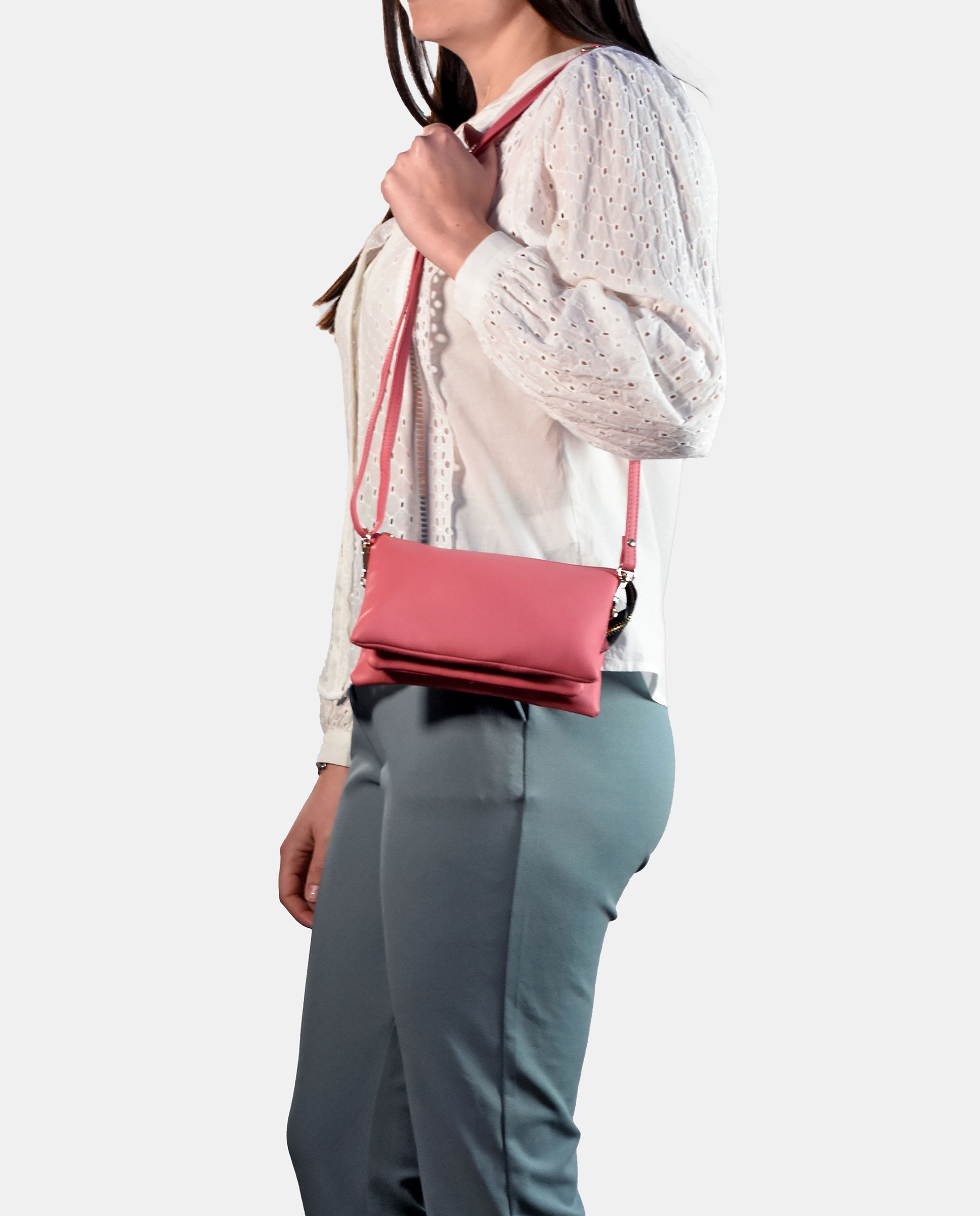 Mala Crossbody Retangular em Pele Rosa-3