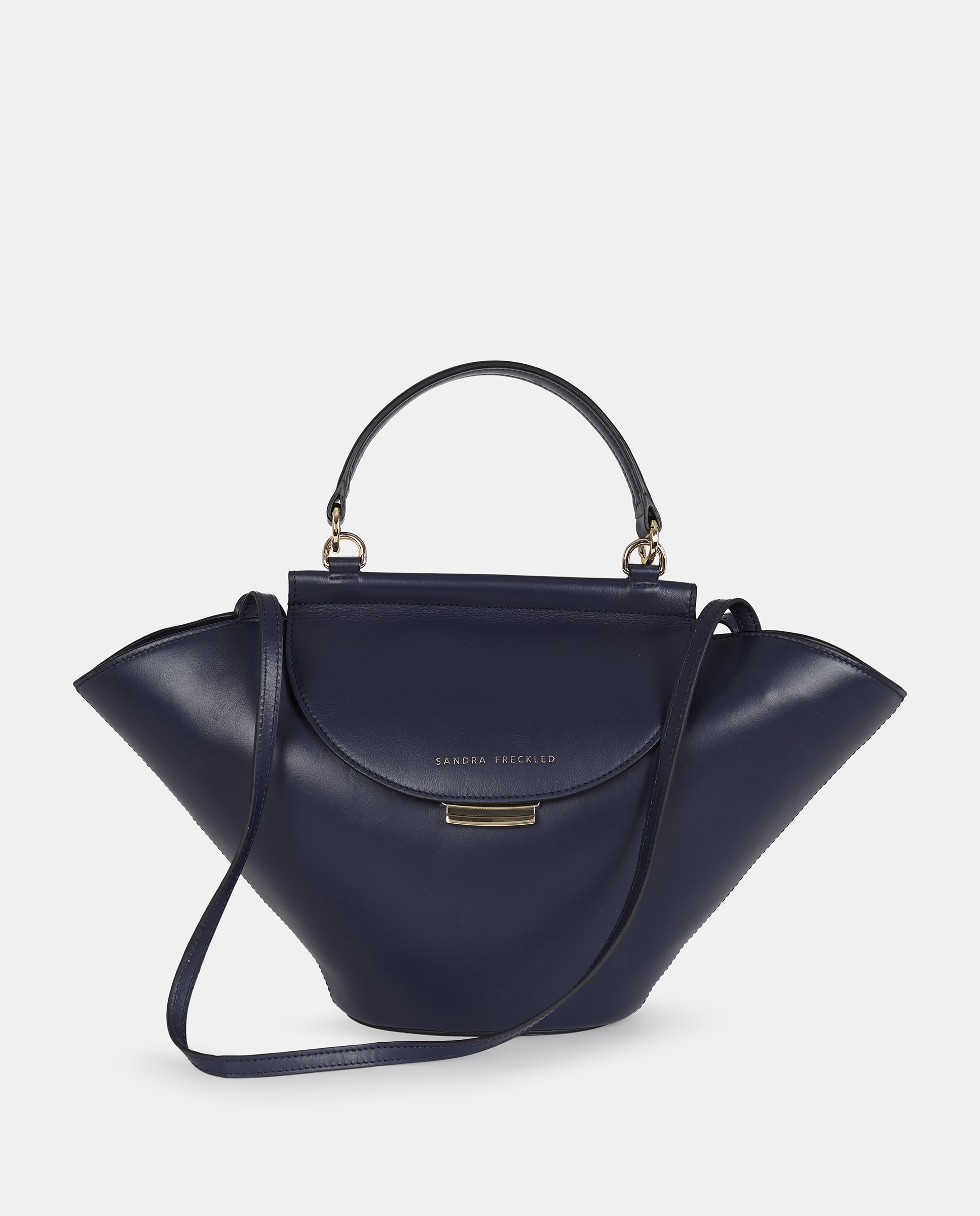 Mala Crossbody com Alças de Mão Metálicas em Pele Azul-marinho-1
