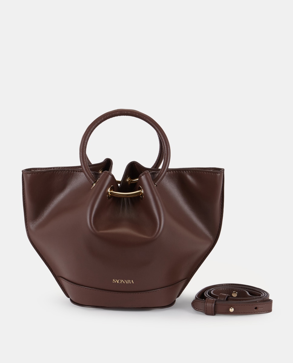 Imagem 0 de Mala Pequena de Mão Saonara Tipo Bucket em Pele com Alça de Tiracolo - Castanho Chocolate
