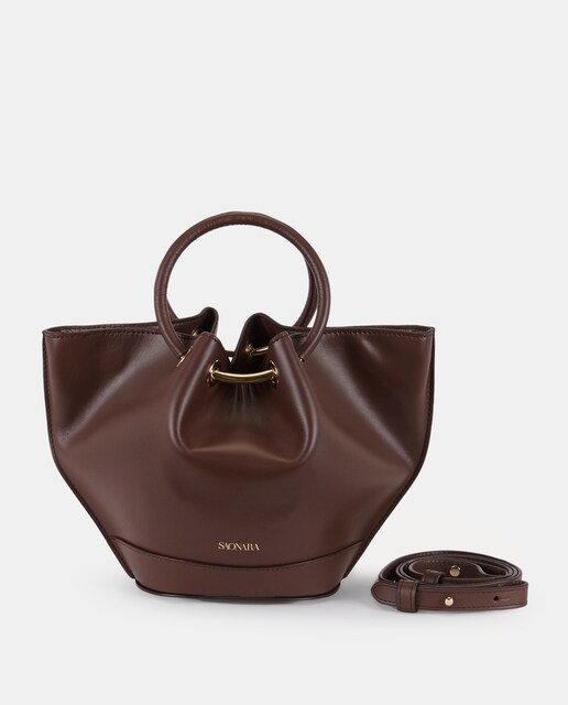 Imagem 0 de Mala Pequena de Mão Saonara Tipo Bucket em Pele com Alça de Tiracolo - Castanho Chocolate