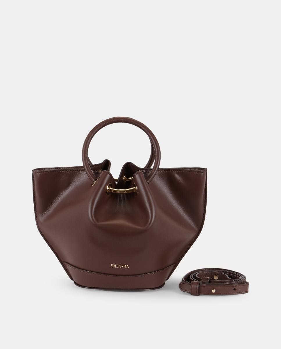 Mala Pequena de Mão Saonara Tipo Bucket em Pele com Alça de Tiracolo - Castanho Chocolate Castanho-escuro-2