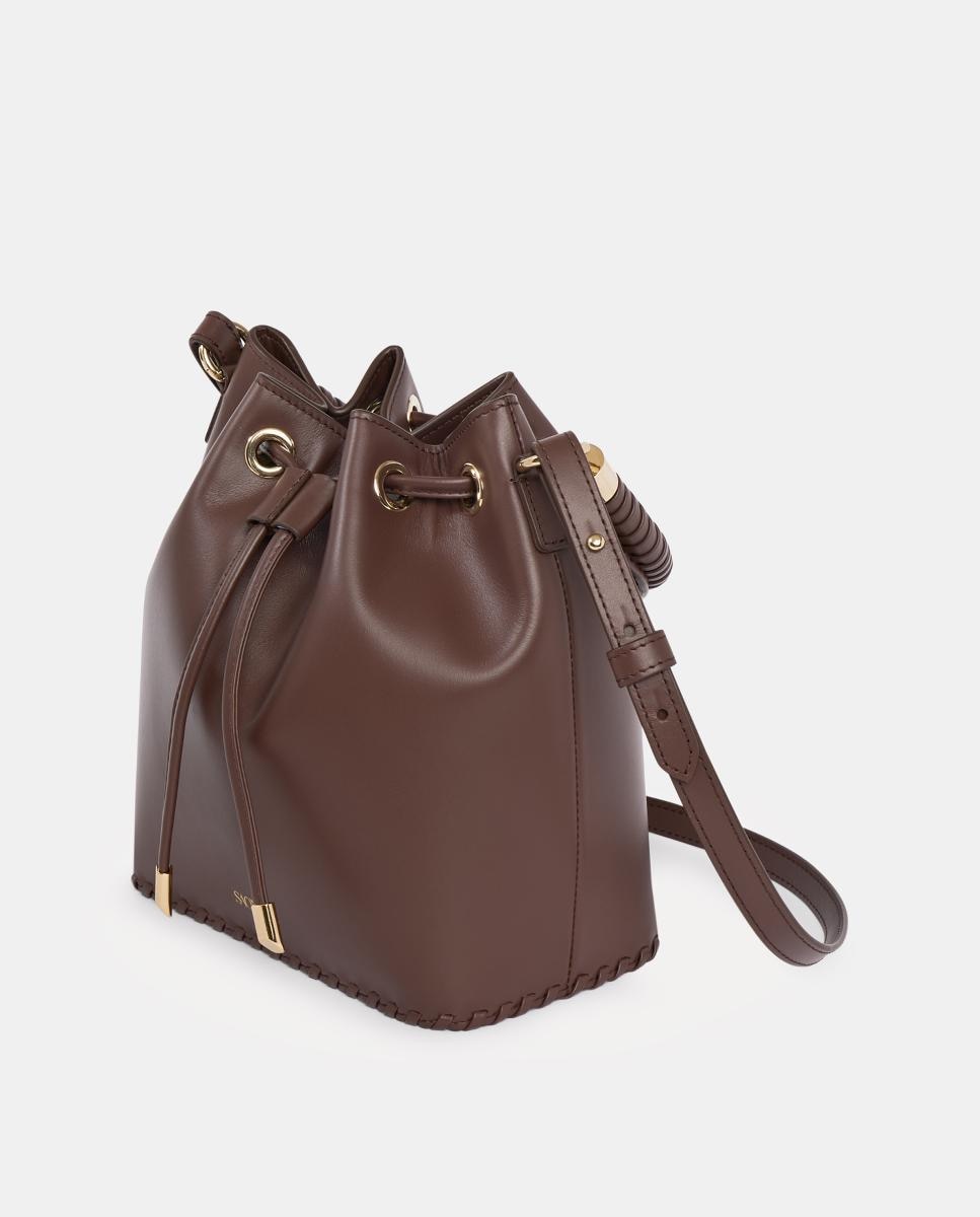 Mala de Mão Grande Tipo Bucket em Pele com Alça de Tiracolo - Castanho Chocolate Castanho-escuro-2
