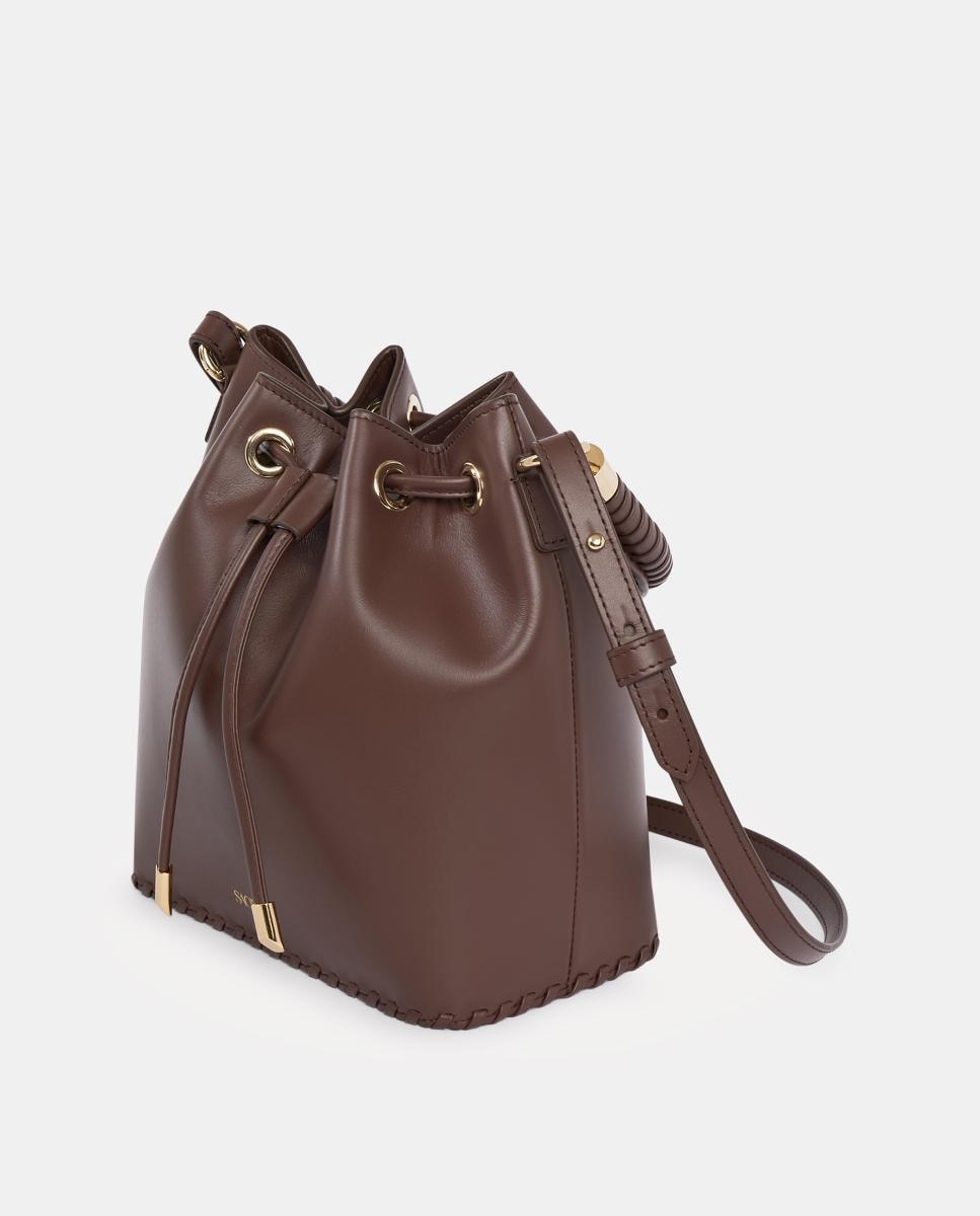 Mala Pequena de Mão Saonara Tipo Bucket em Pele com Alça de Tiracolo - Castanho Chocolate Castanho-escuro-2