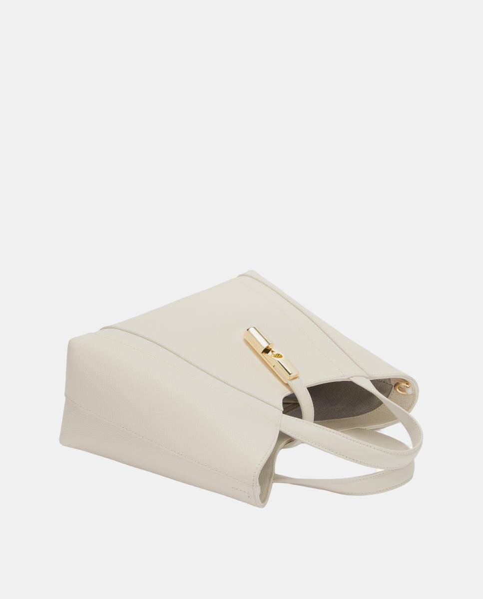 Mala Tipo Tote em Pele Granulada Refinada com Detalhes em Pele Suave e Bolso Interior com Fecho de Correr Branco-3