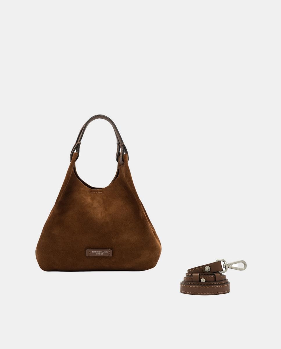 Mala de Ombro Média Modelo Dua em Camurça. Inclui Correia em Pele e Pochette. Castanho-1
