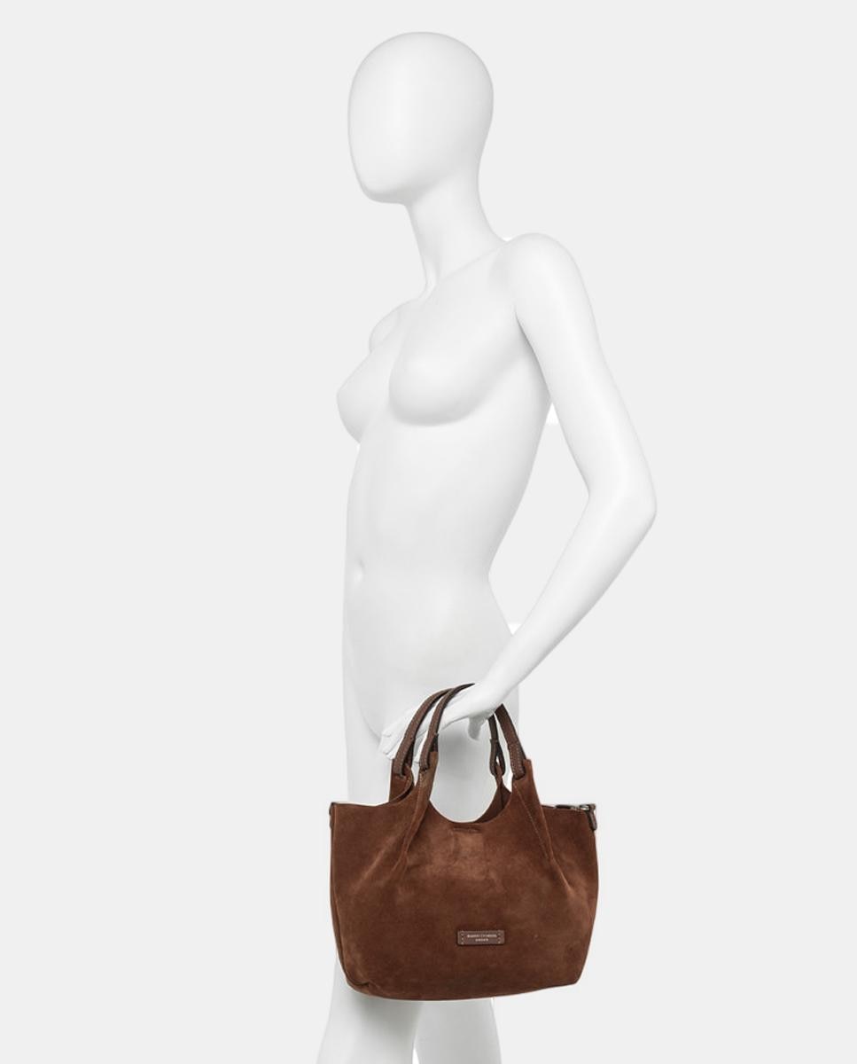 Mala de Ombro Média Modelo Dua em Camurça. Inclui Correia em Pele e Pochette. Castanho-2