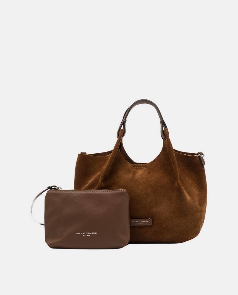 Mala de Ombro Média Modelo Dua em Camurça. Inclui Correia em Pele e Pochette. Castanho-4