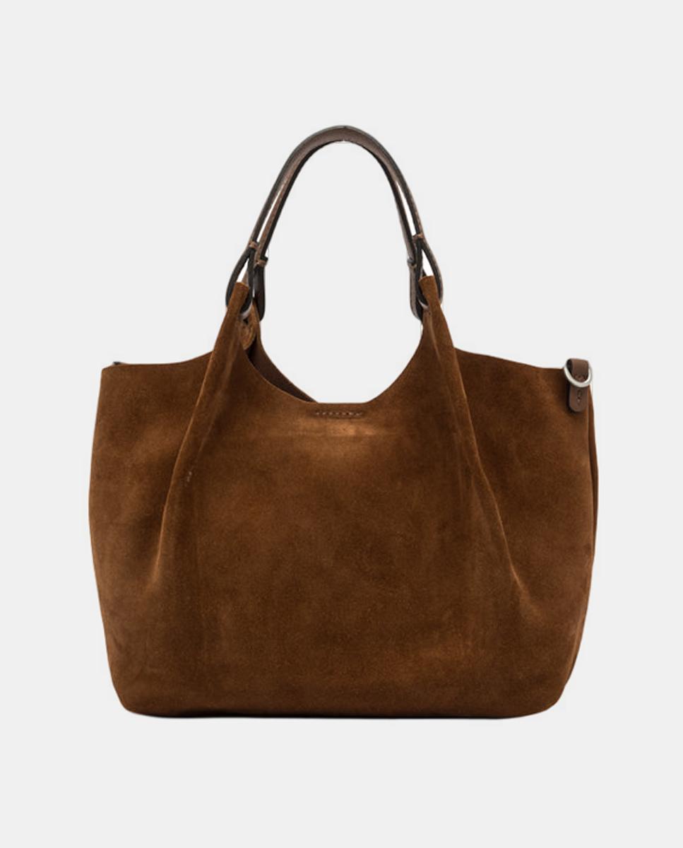 Mala de Ombro Média Modelo Dua em Camurça. Inclui Correia em Pele e Pochette. Castanho-5