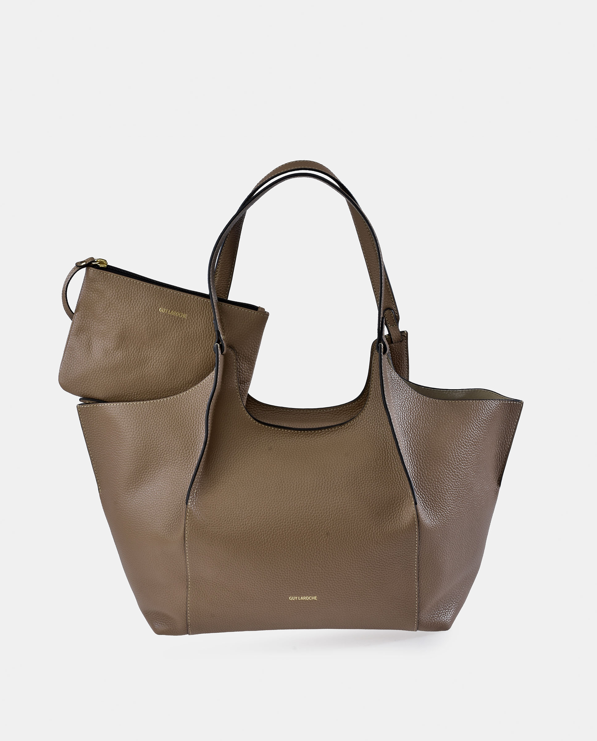 Mala Tipo Tote Grande em Pele com Pouch Interior Taupe-4