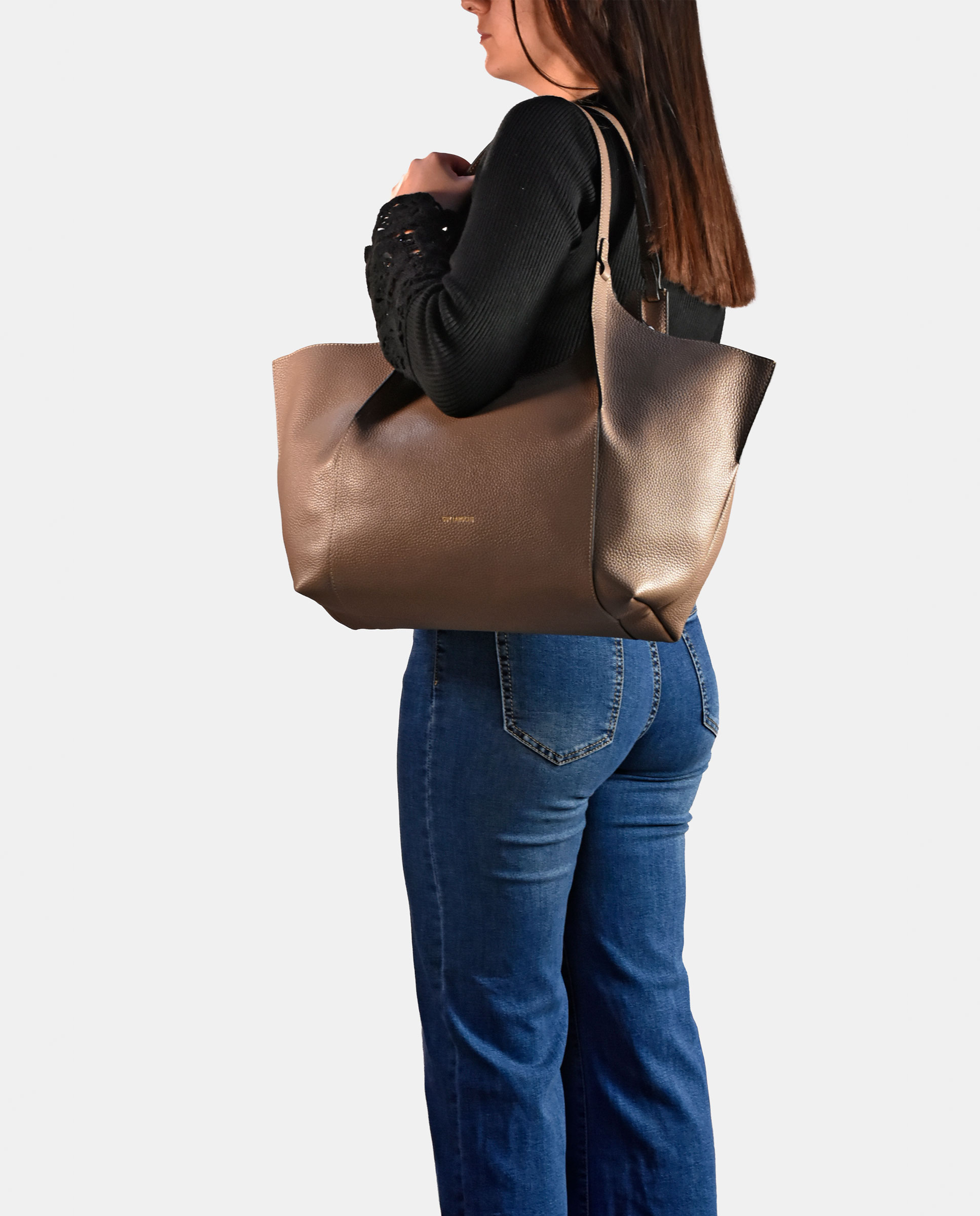 Mala Tipo Tote Grande em Pele com Pouch Interior Taupe-5